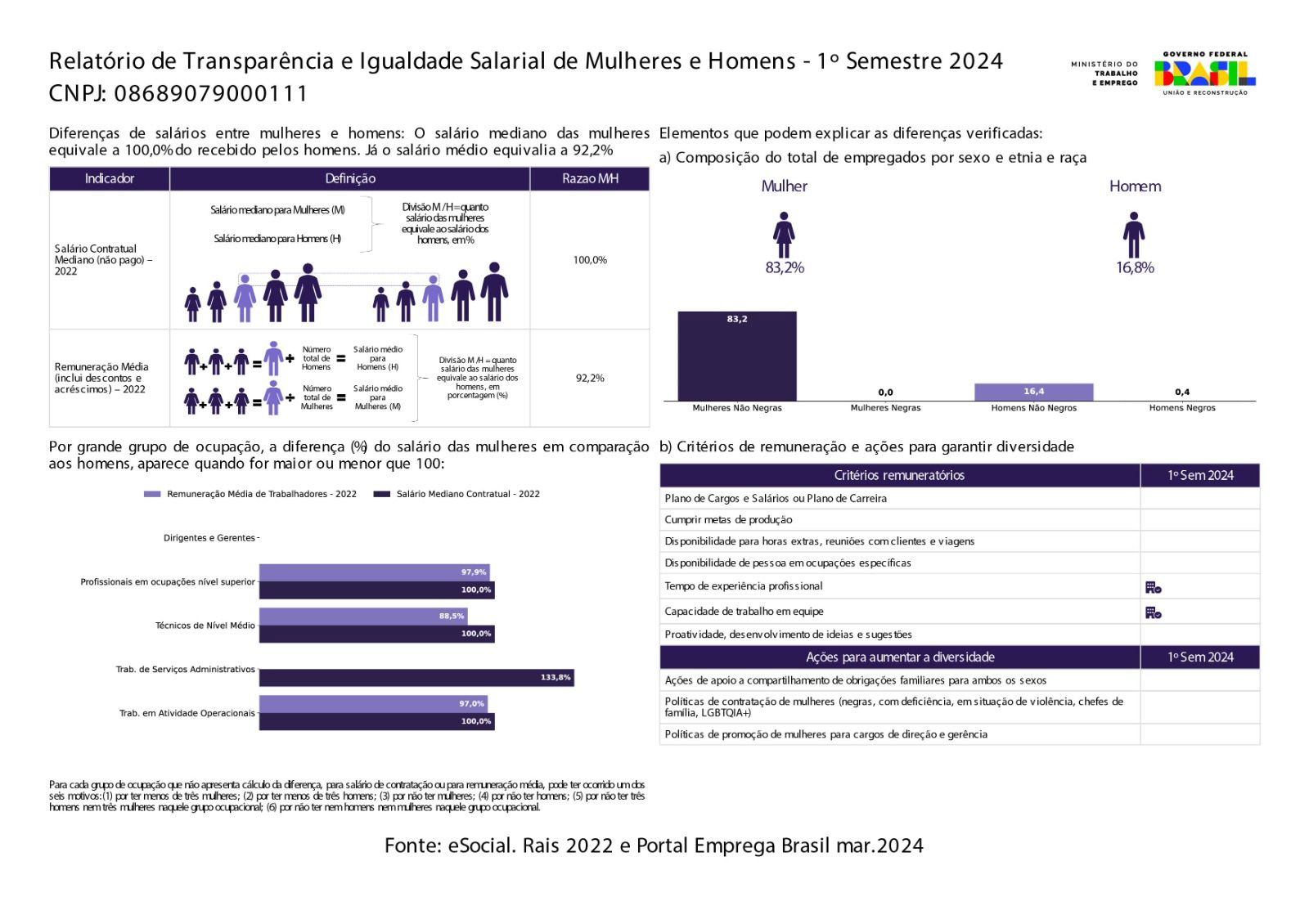 Relatório de Transparência e Igualdade Salarial de Mulheres e Homens - 1º Semestre 2024